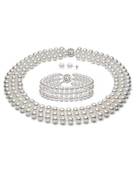 PremiumPearl 5.5-6.5mm Triple Strand White Freshwater Pearl Set AA+ Quality With Sterling Silver Clasp