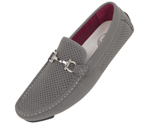 Amali Mens Driving Moccasin Loafer in Grey Perforated Brushed Smooth with Silver Horse Bit Ornament in Grey: Style 1475 Grey-011
