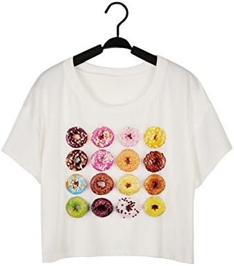 Fashion Emprie Women Harajuku Casual Crop Tops Short Sleeve Printed T Shirt (One Size, Doughnuts)
