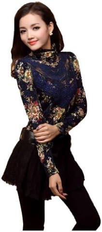 Huafeng Womens Slim Korean T-shirt Lace High Collar Blouse,Blue,4
