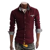 Mens Casual Plaid Patched Pocket Slim Dress Shirts Wein(D063) XL