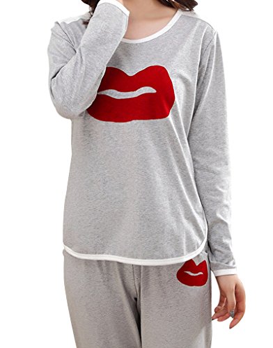 MagicGo Women's Red Lip Printed Cute Pajama Set Long Sleeve Round Neck Sleepwear