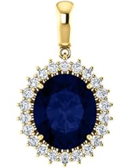 14K Yellow Gold 12.00x10.00mm Oval Cut Chatham Created Sapphire and Diamond Pendant -- LIFETIME WARRANTY