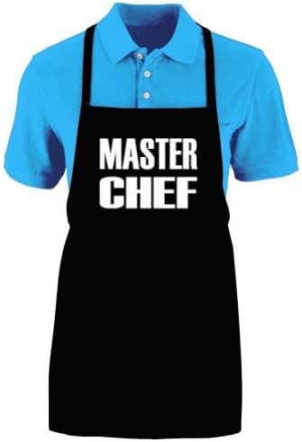 Funny "MASTER CHEF" Apron; One Size Fits Most - Medium Length Kitchen Aprons for Men, Women, Teen, & Kids (Unisex); Soft Cotton Polyester Mix with DuPont Teflon Fabric Protector. Great gift idea.