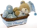 Spieluhr Bär im Geschenkkorb, blau, als Geschenk zur Taufe, Geschenk zur Geburt, zum Babyshower, Geschenk mit NAMEN personalisiert