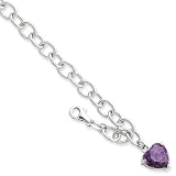 Sterling Silver Rolo with Purple CZ Heart Bracelet Length 7.5