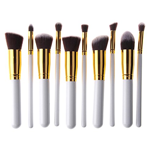 Unimeix 10 pcs Premium Synthetic Kabuki Makeup Brush Set Cosmetics Foundation Blending Blush Eyeliner Face Powder Brush Makeup Brush Kit (White Golden)