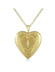 14K Yellow Gold Vermeil Heart Shaped Engraved 0.01ct Diamond Locket Pendant Necklace For Women