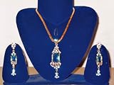 41xC8uF6pYL. SL160  Romantic Gift Gold Plated Aquarine Pendant Necklace and Earrings Indian Polki 3pc Set (Brand New)