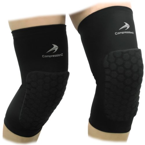 Padded Knee Sleeves (1 Pair) Protective Compression Wear - Men & Women Basketball Brace Support - Best to Immobilize, Strap & Wrap Knee for Volleyball, Football, Contact Sports - Snug & No Chafing