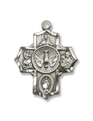 Sterling Silver 5-Way Pendant Stainless Silver Heavy Curb Chain Cross Crucifix Medal