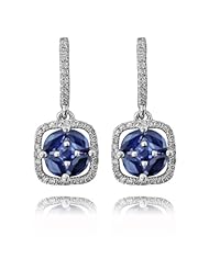 10k White Gold Clustered Marquise Cut Blue Sapphire Gemstones and Diamond Halo Earrings, Birthstone of September