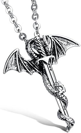 JSea Jewelry Stainless Steel Pterosaur and Sword Pendant Dragon Necklace Men Boys