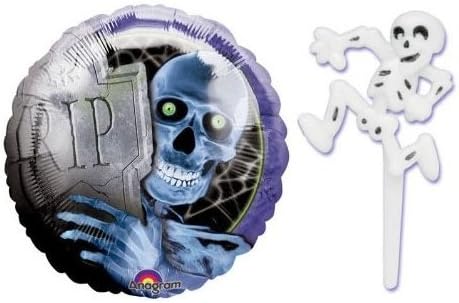 24 Skeleton Cupcake Picks with Skeleton Graveyard Theme Foil Balloon - Creepy Bones Party Bundle