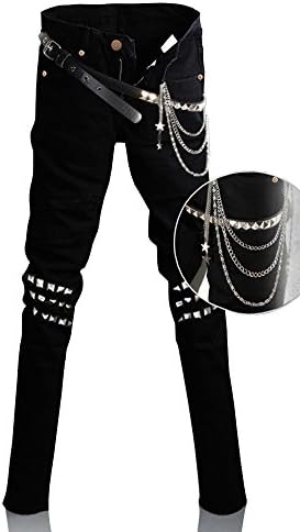 Mens Punk Hiphop Revits Pants Black Denim Jeans Pencil Trousers+Chain