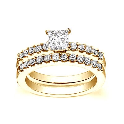 0.50 Carat Princess Diamond Engagement Ring Bridal Set on 10k Yellow Gold
