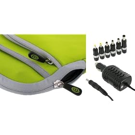 Samsung SM-NC-13GB 10.1-Inch Netbook Neoprene Sleeve Slip Case and 12v Car Charger (Invisible Zipper Tri-Pocket - Neon Green)