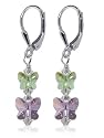 Cute Butterfly Swarovski Crystal Sterling Silver Leverback 1.5" Long Dangle Earrings