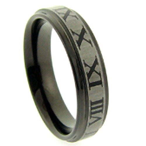Tungsten Carbide Men's Ladies Unisex Ring Wedding Band 6MM Ridged Edges Black Enamel Plated Laser Engraved Brushed & Polished Comfort Fit (Available in Sizes 4 to 15)