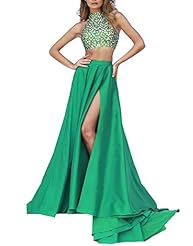Taffeta Crystals Beaded Crystal Slit High-Neck Evening Dress/Prom Dress 
