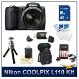 Nikon Coolpix L110 Digital Camera (Black), 12.1 MP, 15x Wide-Angle Optical Zoom, 3" LCD, 16 GB Memory Card, Card Reader, AA Rapid Multivoltage AC/DC Charger w/ 4 AA Batteries, Lens Cleaning Kit, Deluxe Carrying Case, Screen Protectors, & Tripod