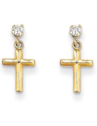 MadiK® Kids 14k Yellow Gold Polished & Textued Cross w/CZ Dangle Post Earrings