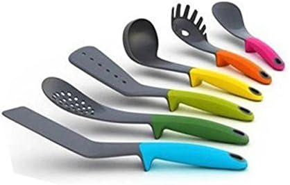 Nylon Kitchen Utensil Set (6 Piece) - Hygienic Solid Nylon Design - Multi color - 100% FDA Compliant - Premium Cooking Tools Including Nylon Spaghetti Server, Slotted Spoon, Ladle, Slotted Turner, Solid Spoon, and Flexible Turner- Non Stick Kitchen Tools Set - Heat Resistant Baking Tools, Flexible, Easy to Clean,12.99" Long