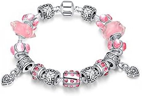 Aliliya Jewelry Signature Pave Clasp Authentic DIY Pandora Exquisite High-End Crystal Bracelet - Wild Love Retro Personality Carved (silver pink, 20CM)