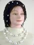 Sn56, Hand Crocheted Black Gimp Large Snood Trimmed with Cultured Ivory Pearls for Women in Combination with Two Strand Light White Pearl Necklace and Earrings