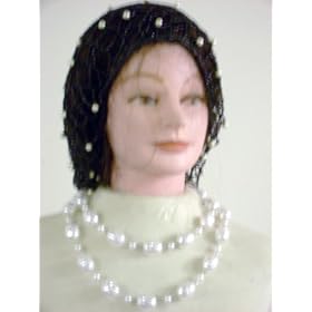 Sn56, Hand Crocheted Black Gimp Large Snood Trimmed with Cultured Ivory Pearls for Women in...
