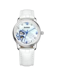 JIUSKO Womens Luxury Automatic Mechanical Heart Skeleton Display 21 Jewels White Leather Wrist Watch 119MRG0103