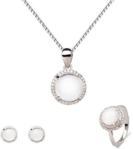 18K White Gold Plated Sterling Silver Natural White Jade Pendant Necklace, Rings, Earrings 18" YBJ-11