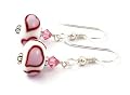 Sterling Silver, Lampwork Glass and Crystal Dangle Earrings Pink Hearts