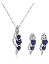 Sterling Silver Heart Created-Blue-Sapphire Diamond Earrings and Pendant Necklace Jewelry Set with Box (0.04 Cttw, I-J Color, I2-I3 Clarity), 18"