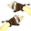 Winter Soft Fuzzy Furry Real Fur Trim Fingerless Half Cuff Off Gloves Dark Brown S/M