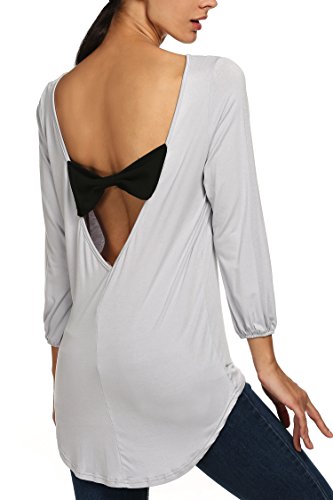 Finejo Women Casual Long Sleeve Backless Bowknot Asymmetrical Hem Blouse Tops