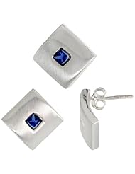 Sterling Silver Matte-finish Square-shaped Earrings (15mm tall) & Pendant Slide (15mm tall) Set, w/ Princess Cut Blue Sapphire-colored CZ Stones