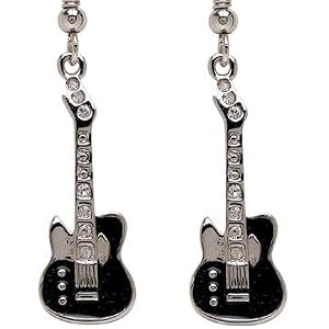 Silver and Black Electric Guitar Dangle Earrings with Crystal accents