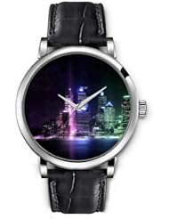 SPRAWL Aanalog Fashion Series Silver Ladies Watches of Genuine Black Leather Strap,Unique Wrist Watch for Women Girls Designed with Night city