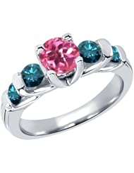 1.88 Ct Round Pink Mystic Topaz Blue Diamond 18K White Gold Ring