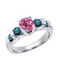 1.88 Ct Round Pink Mystic Topaz Blue Diamond 18K White Gold Ring