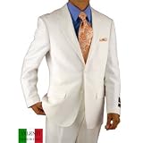 Oscar By Valenti Made in Italy White Linen Mens Suits Hand Tailored Two Button 2PC Italian Suit Sporty Casual Apparel Complete with Jacket and Pants Lapel Hand Pick Stitching