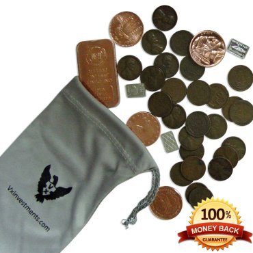 Vx Investments Ultimate Coin Bag. 25 Wheat Pennies, One Ounce Copper Bullion, Four 1/4 Ounce Copper Rounds, Three One Gram Silver Bars, And A Custom Microfiber Pouch.