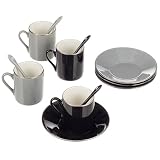 Yedi Houseware Classic Coffee and Tea Black, White and Grey Espresso Cups and Saucers with Spoons, Set of 4