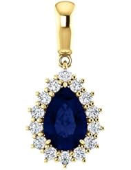 18K Yellow Gold 9.00x6.00mm Pear Cut Chatham Created Sapphire and Diamond Pendant -- LIFETIME WARRANTY