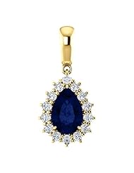 10K Yellow Gold 9.00x6.00mm Pear Cut Chatham Created Sapphire and Diamond Pendant -- LIFETIME WARRANTY