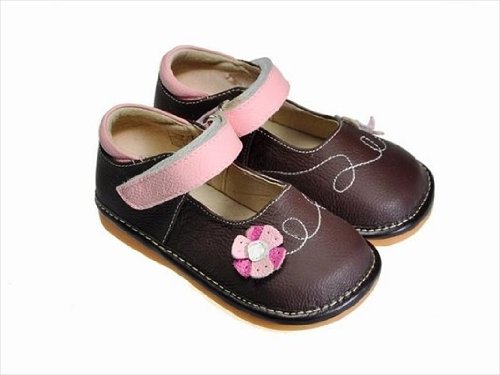Girl Squeaky/Dress Shoes, Brown, Pink flower, Removable Squeaker (Toddler/kid/children)