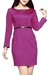 Spring Fall Winter Polyester Long Sleeves Belted Midi Dress 