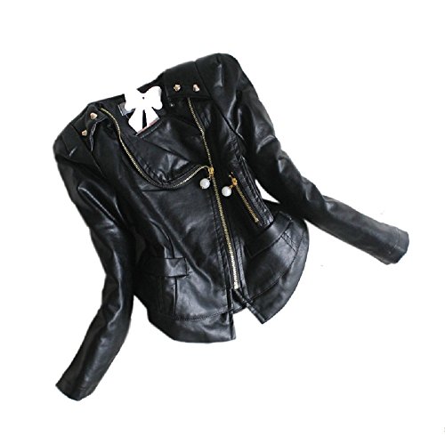 Girls Rivets and Ruffle Chiffon Faux Leather Motor Jacket black-6(2/3Y)