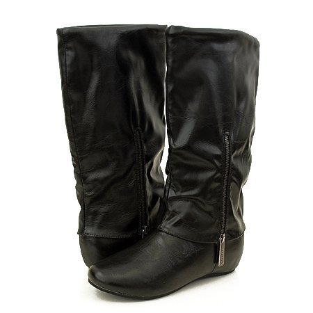 Fold Over Cuff Women BLACK Faux Leather Flat Boots
